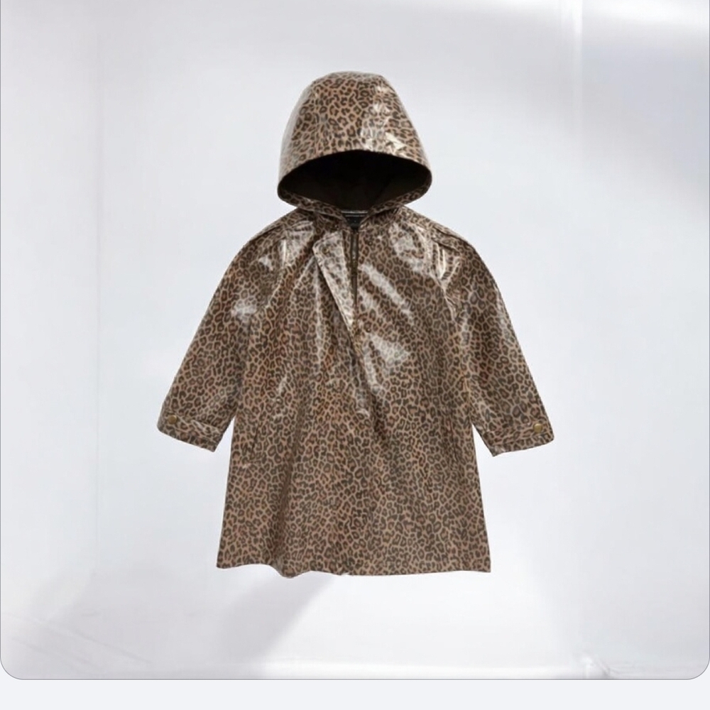 Something Navy Leopard Print K Raincoat girls long rain hooded Size 6 Little Gir